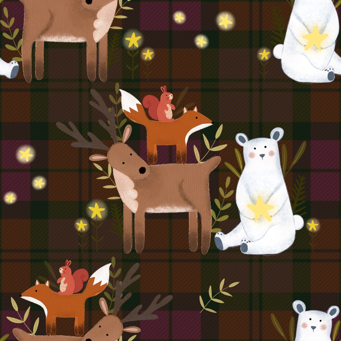 Burgundy Tartan Christmas Reindeer and Friends Tartan